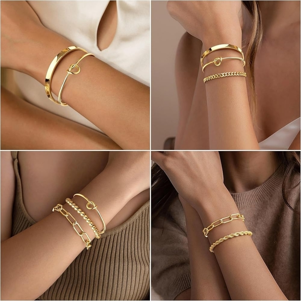 Stackable 14K Gold Plated Bracelet Set Non Tarnish - Picture 4 of 5